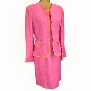 Anne Klein Linen Suit Set Two Piece Midi Sheath Dress Pink Size 8